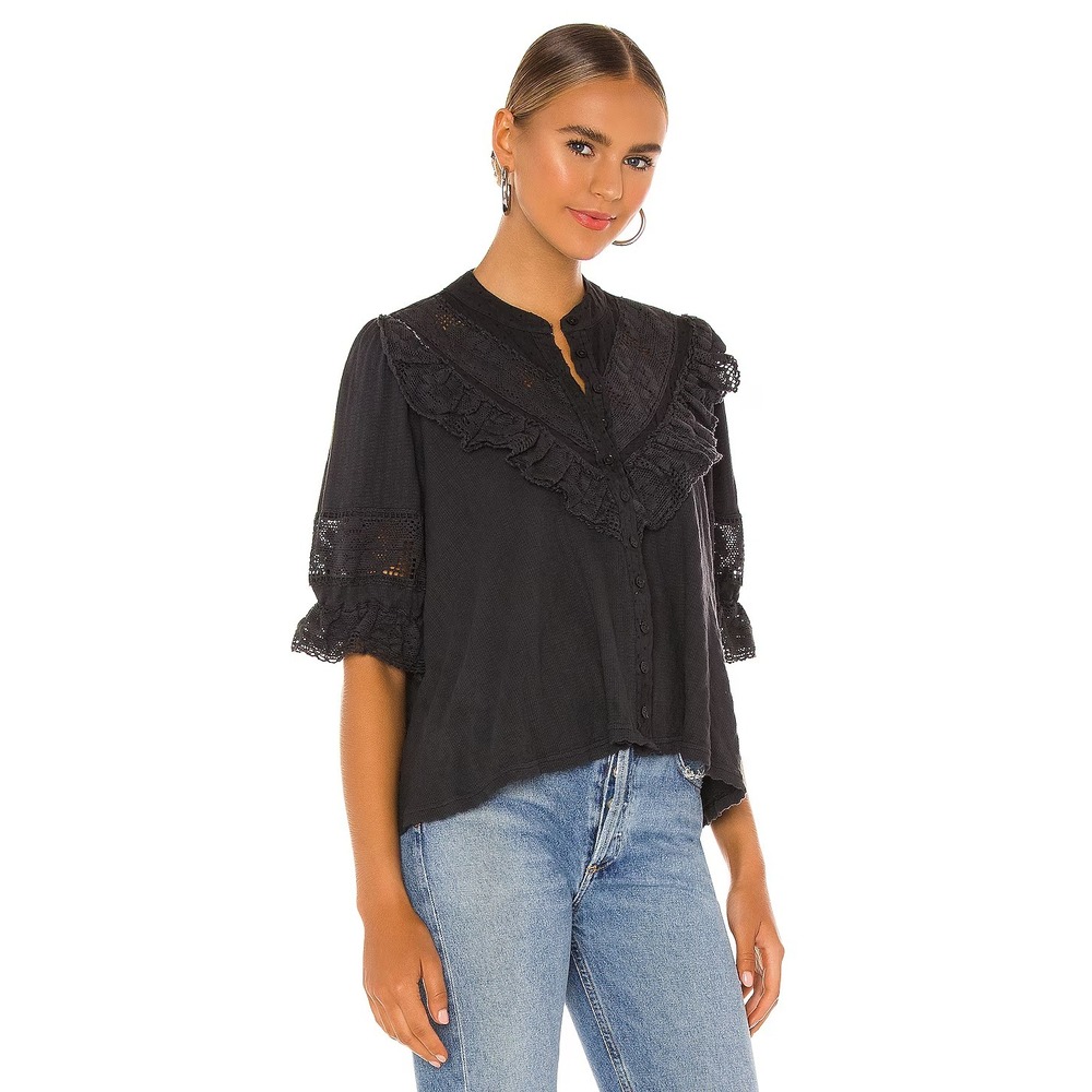 Free People Walk In The Park Knit Thermal Lace Top In Black Women's Size S